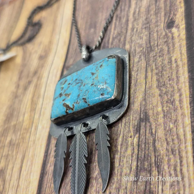 Handcut Campitos Turquoise Feather Sterling Silver Necklace