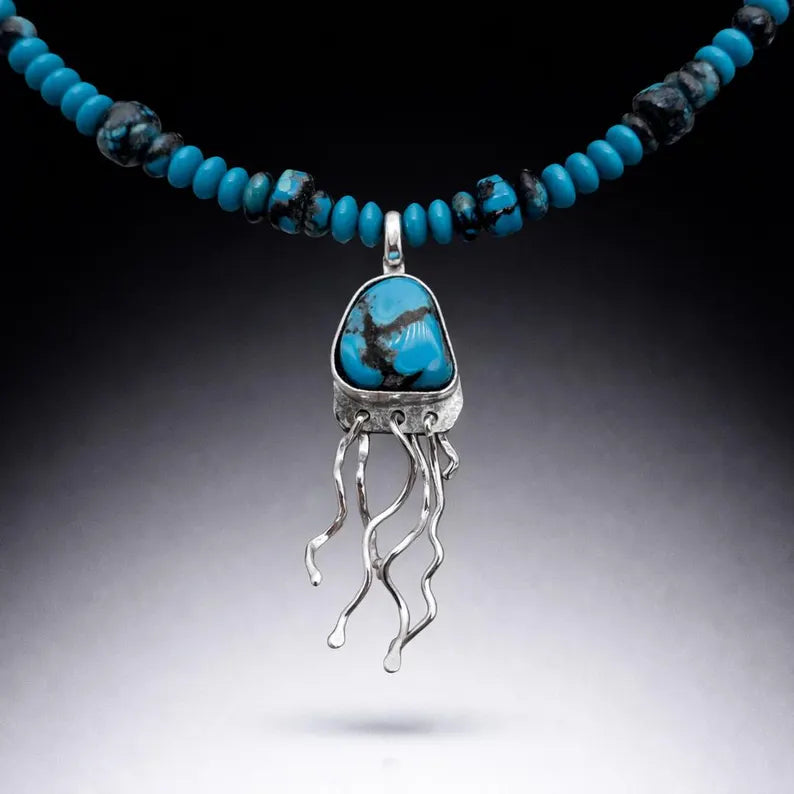 Hand Beaded Kingman Turquoise Sterling Silver Jellyfish Necklace