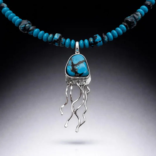 Hand Beaded Kingman Turquoise Sterling Silver Jellyfish Necklace