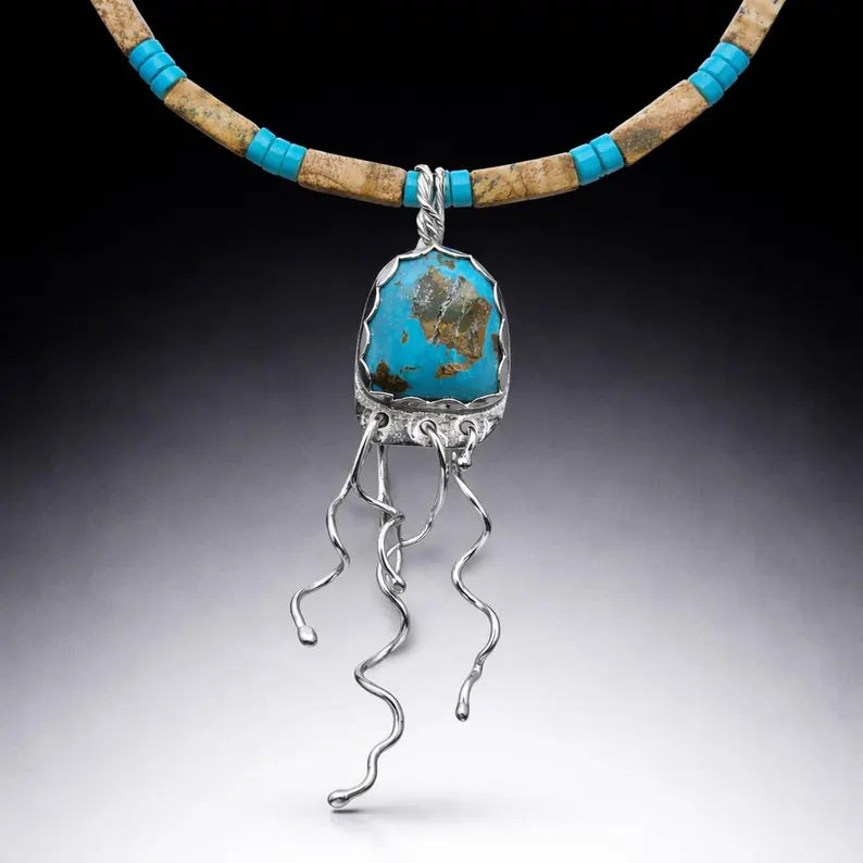 Handcut Kingman Turquoise and Biggs Jasper Sterling Silver Jellyfish Necklace