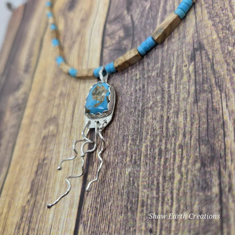 Handcut Kingman Turquoise and Biggs Jasper Sterling Silver Jellyfish Necklace