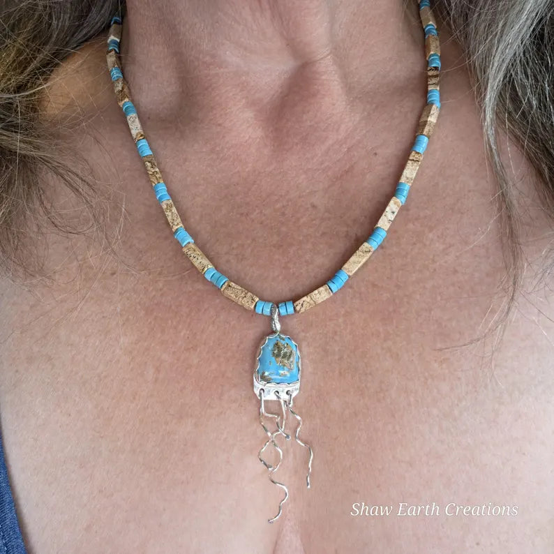 Handcut Kingman Turquoise and Biggs Jasper Sterling Silver Jellyfish Necklace