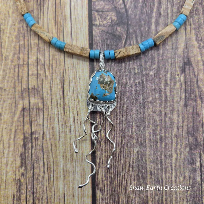 Handcut Kingman Turquoise and Biggs Jasper Sterling Silver Jellyfish Necklace