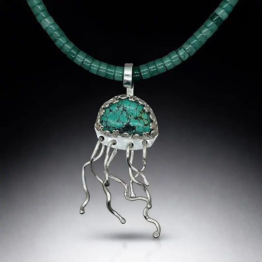 Handcut Green Turquoise and Aventurine Sterling Silver Jellyfish Necklace