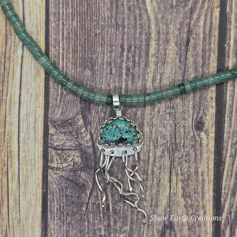 Handcut Green Turquoise and Aventurine Sterling Silver Jellyfish Necklace