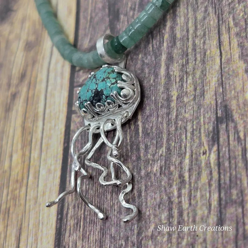 Handcut Green Turquoise and Aventurine Sterling Silver Jellyfish Necklace