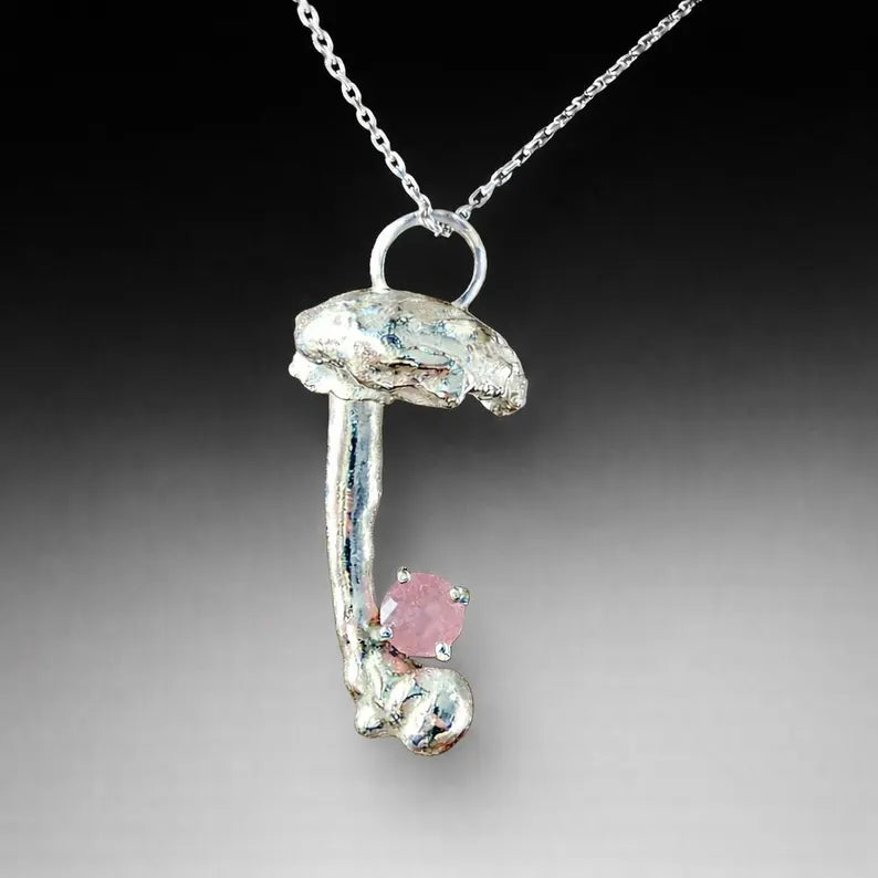 Hand Faceted Argentinian Rhodochrosite Sterling Silver Mushroom Necklace