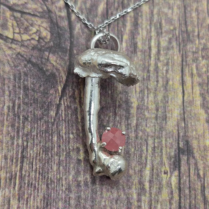 Hand Faceted Argentinian Rhodochrosite Sterling Silver Mushroom Necklace