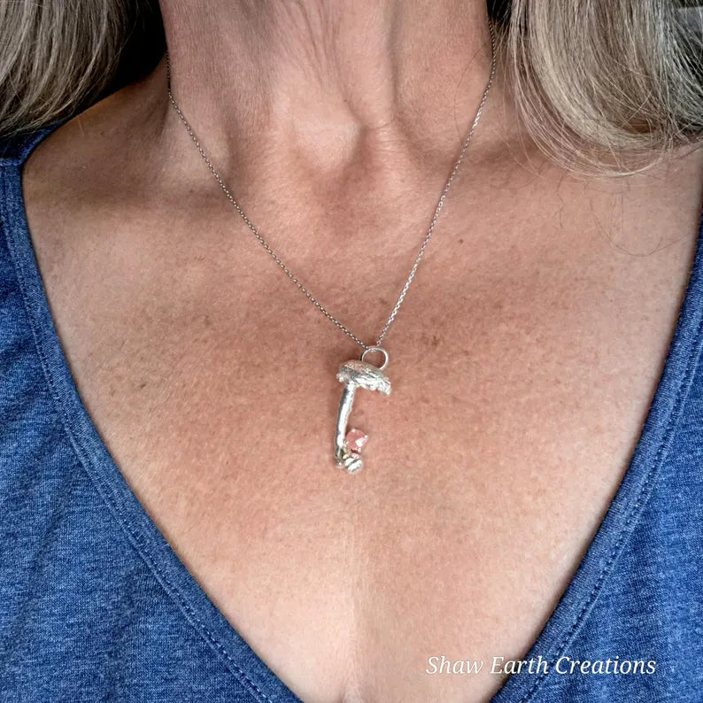Hand Faceted Argentinian Rhodochrosite Sterling Silver Mushroom Necklace
