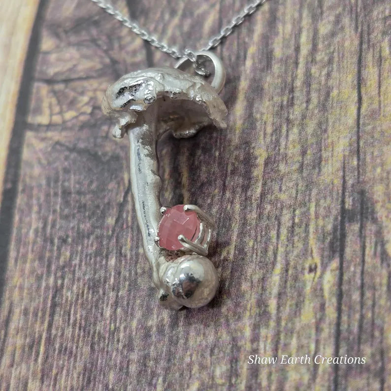 Hand Faceted Argentinian Rhodochrosite Sterling Silver Mushroom Necklace