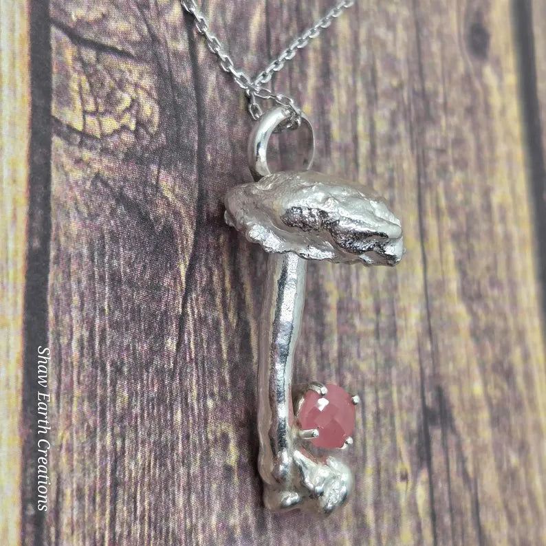 Hand Faceted Argentinian Rhodochrosite Sterling Silver Mushroom Necklace