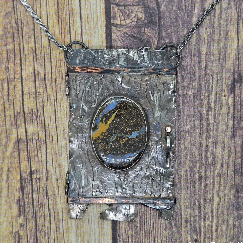 Handcut Australian Boulder Opal Sterling Silver and Copper Portal Necklace