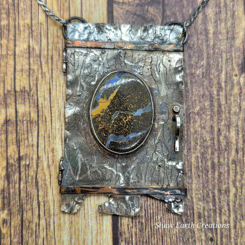Handcut Australian Boulder Opal Sterling Silver and Copper Portal Necklace