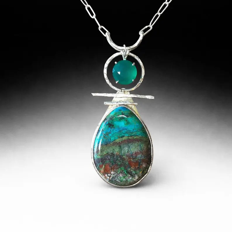 Chrysocolla Statement Necklace with Faceted Chrysoprase, Handmade Silver Pendant, Brutalist Necklace