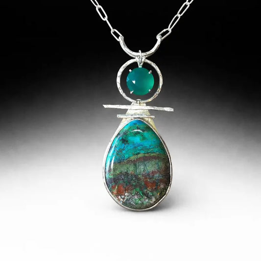 Chrysocolla Statement Necklace with Faceted Chrysoprase, Handmade Silver Pendant, Brutalist Necklace