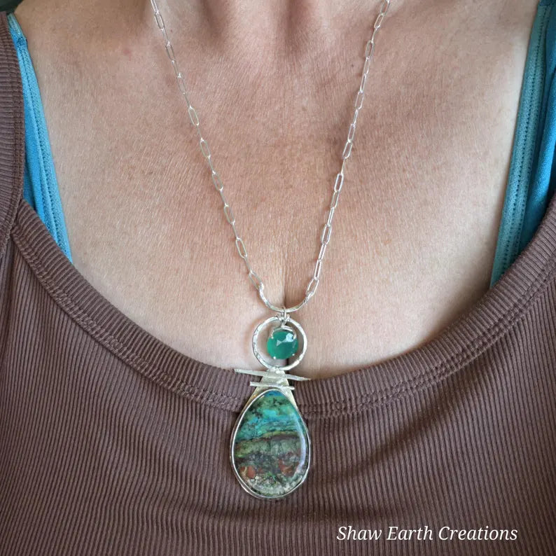 Chrysocolla Statement Necklace with Faceted Chrysoprase, Handmade Silver Pendant, Brutalist Necklace