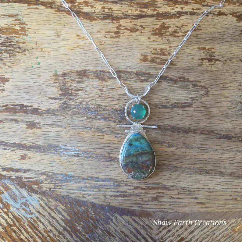 Chrysocolla Statement Necklace with Faceted Chrysoprase, Handmade Silver Pendant, Brutalist Necklace