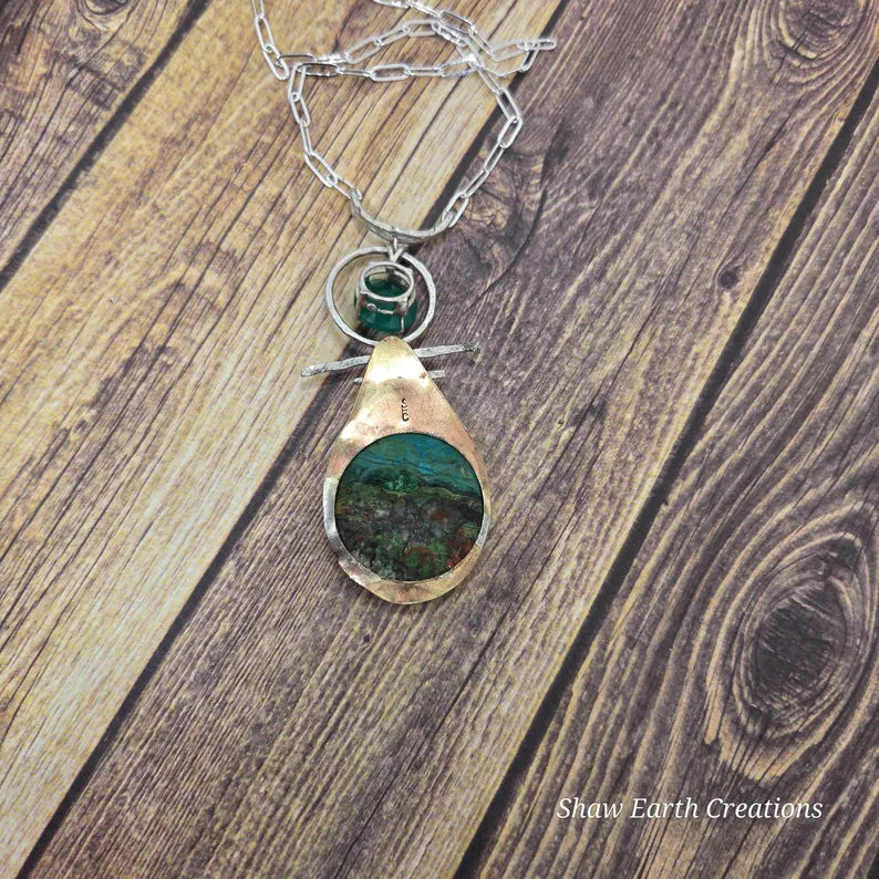 Chrysocolla Statement Necklace with Faceted Chrysoprase, Handmade Silver Pendant, Brutalist Necklace