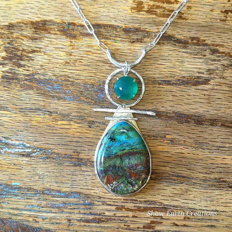 Chrysocolla Statement Necklace with Faceted Chrysoprase, Handmade Silver Pendant, Brutalist Necklace