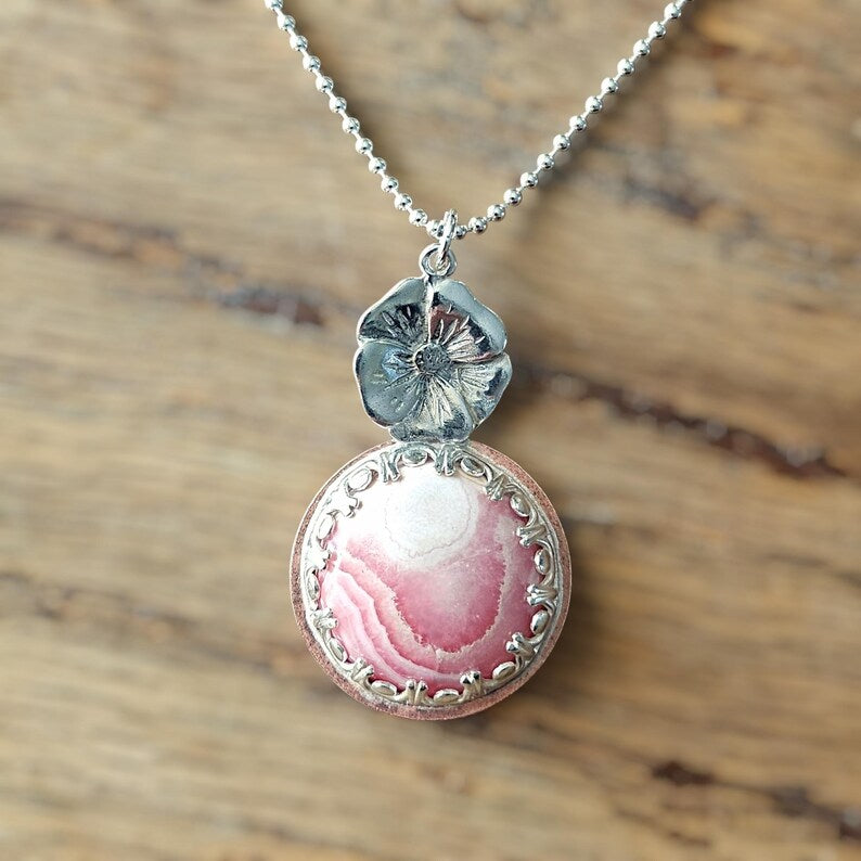 Handcut Argentinian Rhodochrosite Sterling Silver Copper Hibiscus Flower Tropical Necklace
