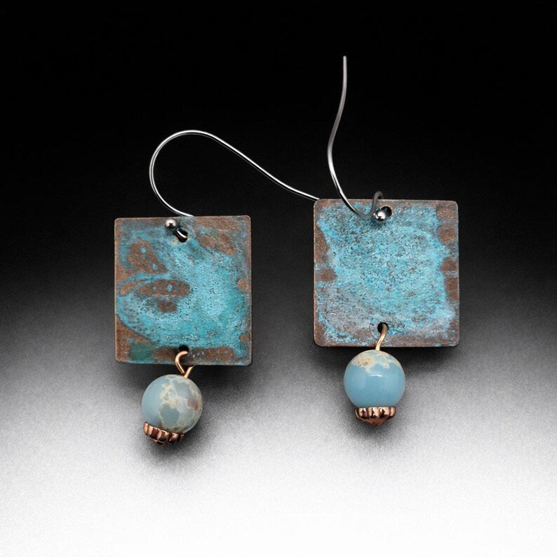 Handcrafted Copper and Peruvian Blue Opal Dangle Earrings