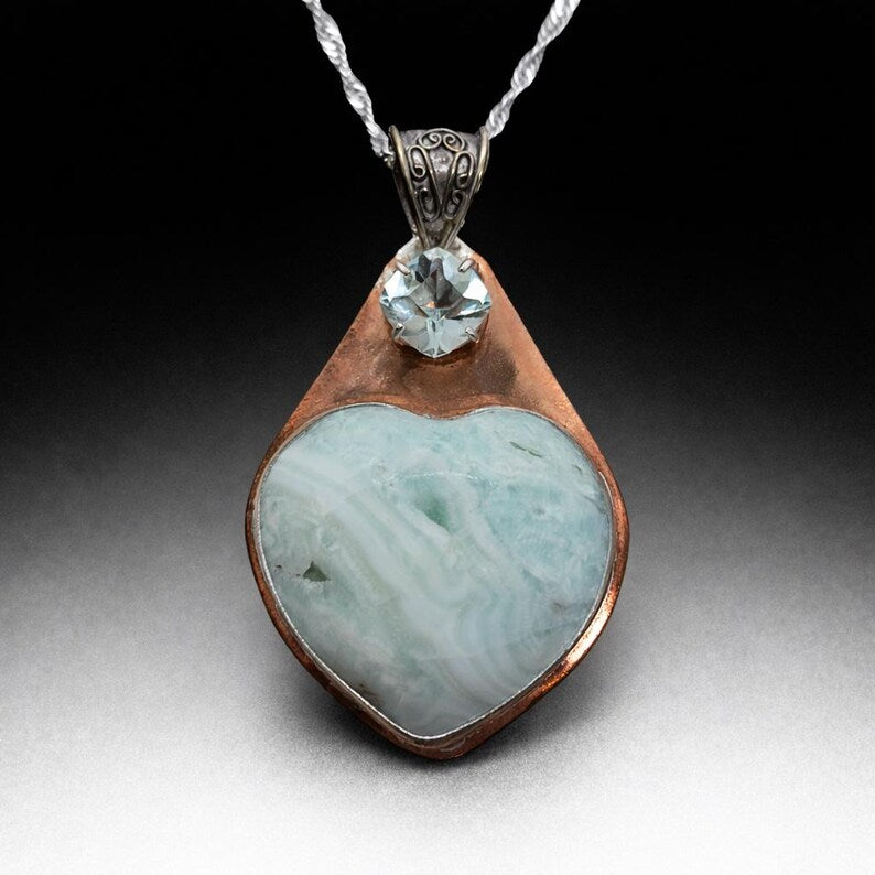 Handcut 4ct Prasiolite and Banded Onyx Copper and Sterling Silver Necklace