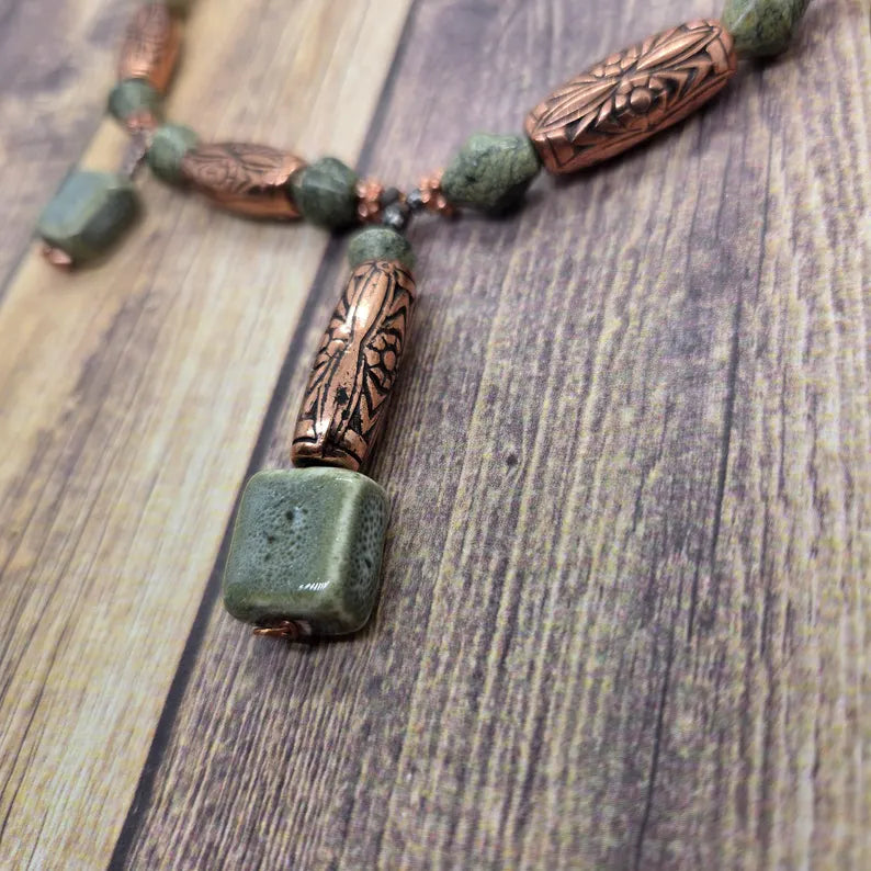 Hand Beaded Serpentine and Copper Necklace