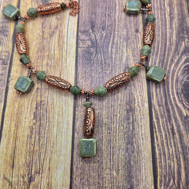 Hand Beaded Serpentine and Copper Necklace