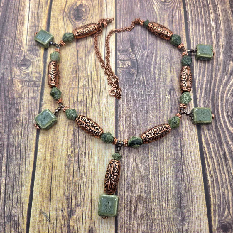 Hand Beaded Serpentine and Copper Necklace