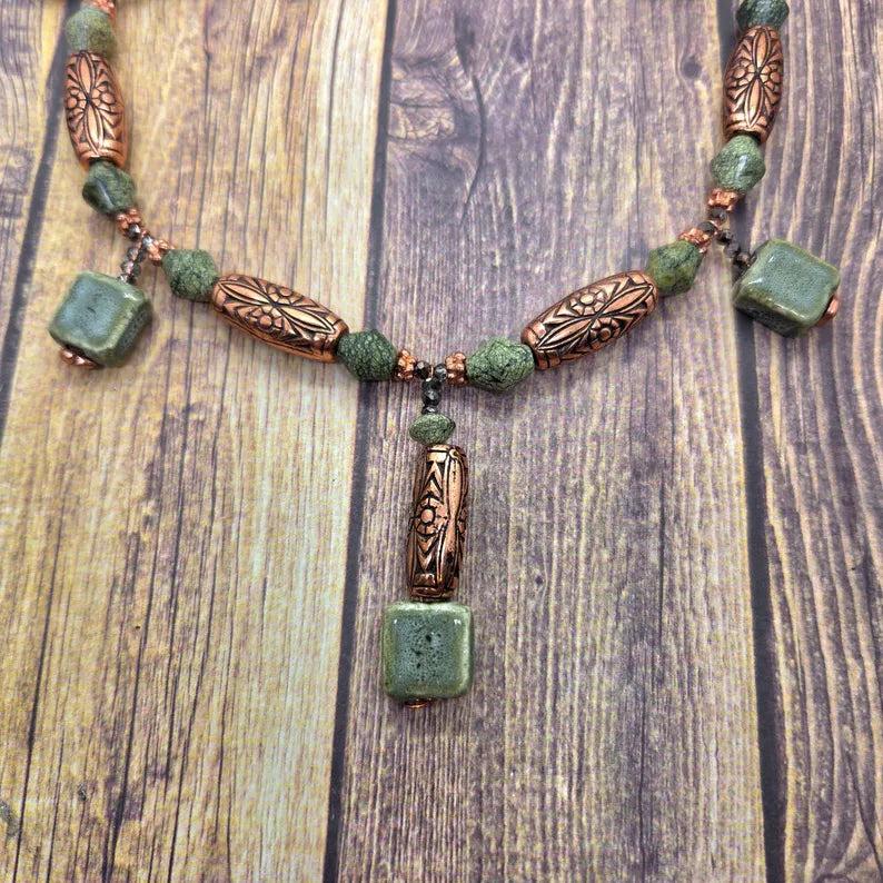 Hand Beaded Serpentine and Copper Necklace