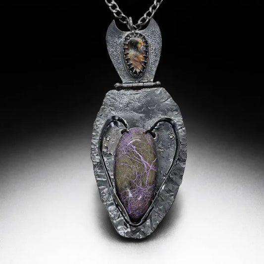 Handcut Finnish Spectrolite and Stitchtite Fantasy Sterling Silver Necklace