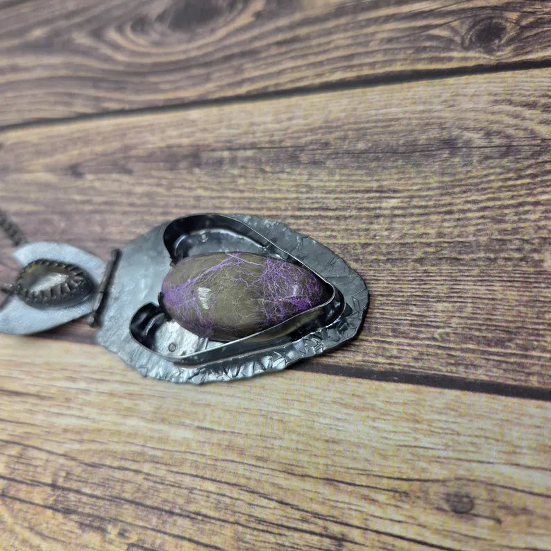 Handcut Finnish Spectrolite and Stitchtite Fantasy Sterling Silver Necklace