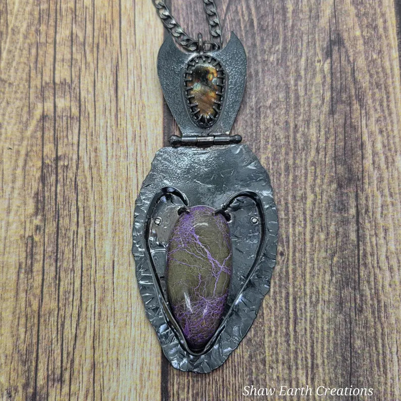 Handcut Finnish Spectrolite and Stitchtite Fantasy Sterling Silver Necklace