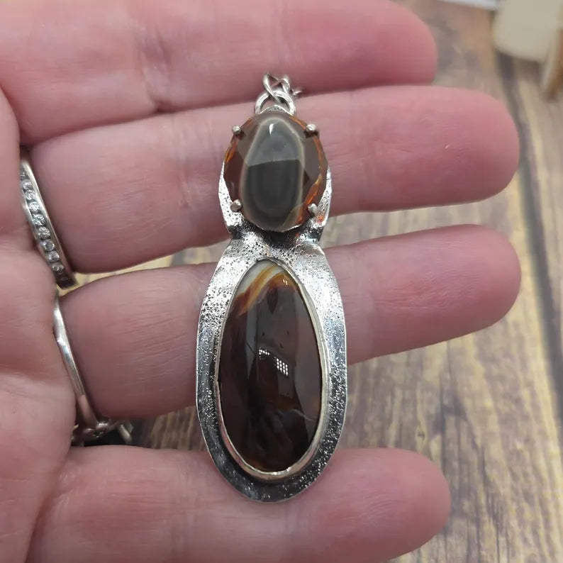 Handcut Fire Opal and Fire Agate Sterling Silver Two Stone Necklace