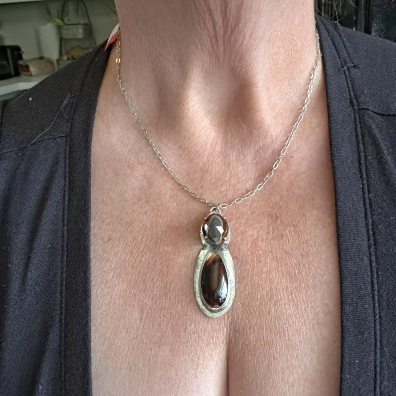Handcut Fire Opal and Fire Agate Sterling Silver Two Stone Necklace