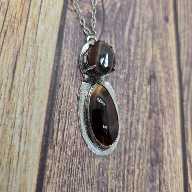 Handcut Fire Opal and Fire Agate Sterling Silver Two Stone Necklace