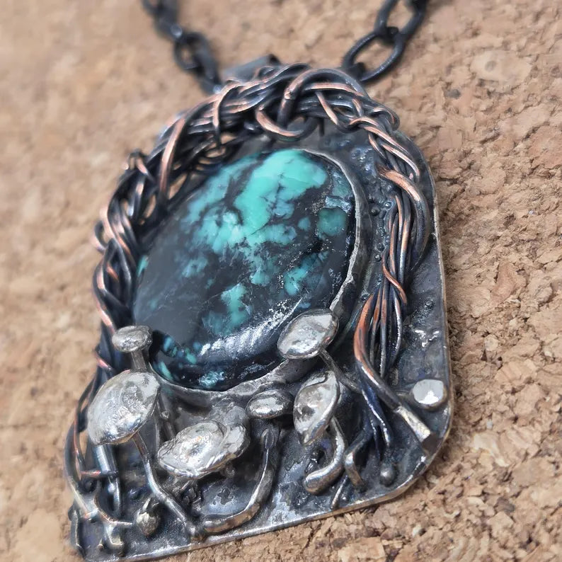Handcut Variscite Mushroom Portal Sterling Silver Necklace