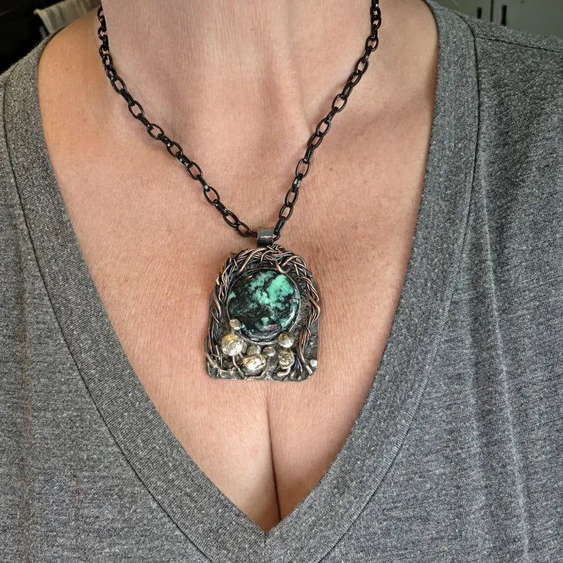 Handcut Variscite Mushroom Portal Sterling Silver Necklace