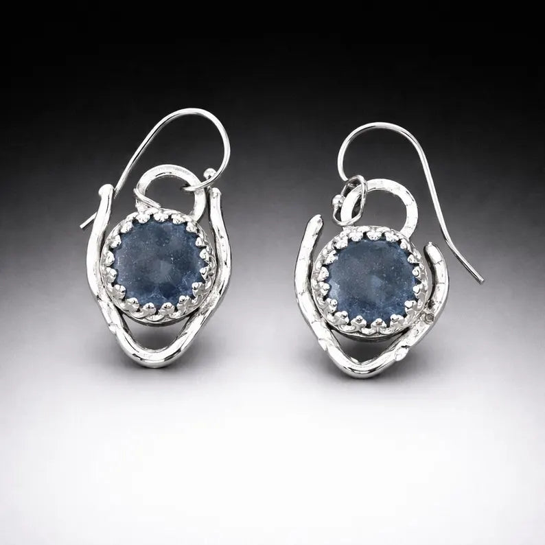 Handcut 8ct Raw Blue Sapphire Sterling Silver Dangle Earrings