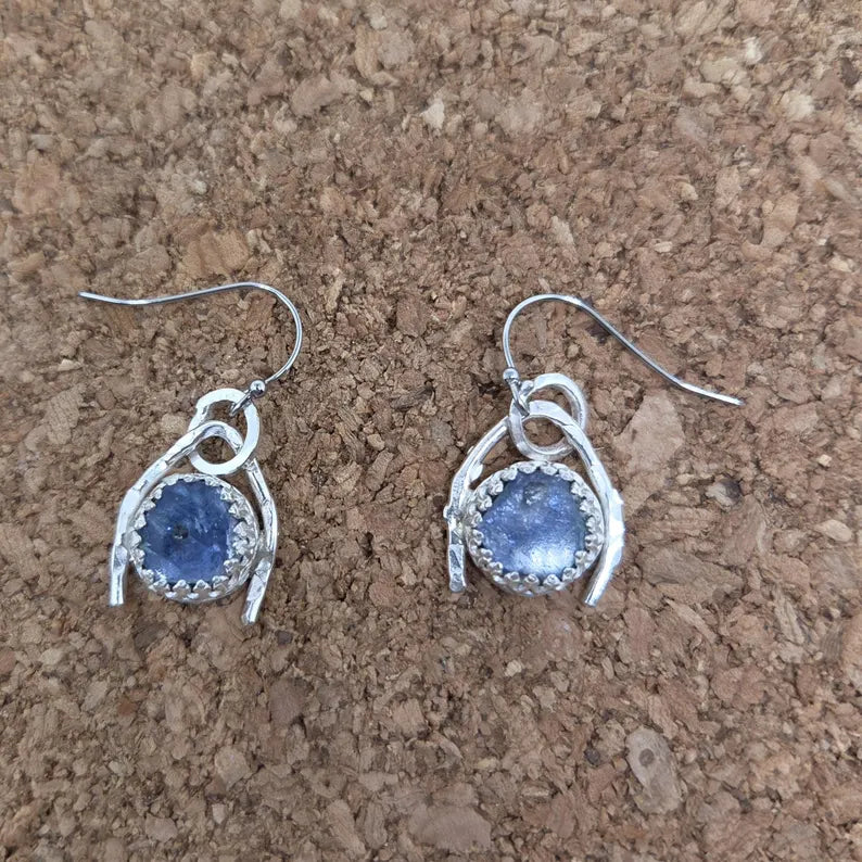 Handcut 8ct Raw Blue Sapphire Sterling Silver Dangle Earrings