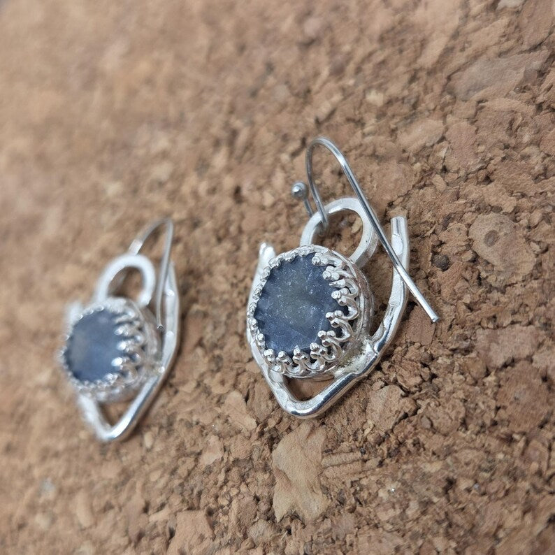 Handcut 10ct Raw Blue Sapphire Sterling Silver Dangle Earrings