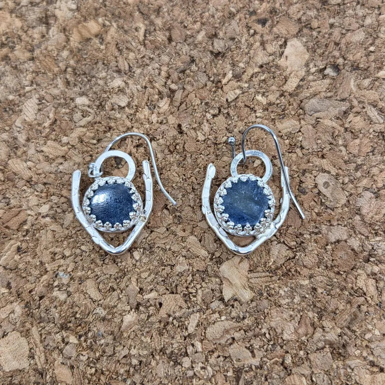 Handcut 10ct Raw Blue Sapphire Sterling Silver Dangle Earrings