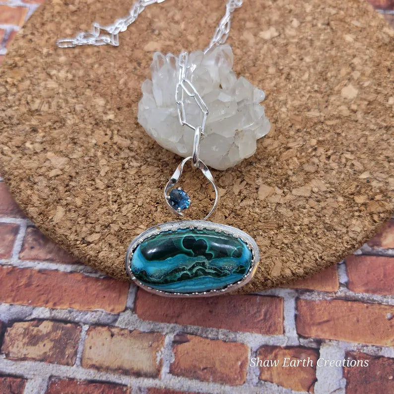 Handcut 3ct Blue Topaz and Azurite Malachite Sterling Silver Necklace