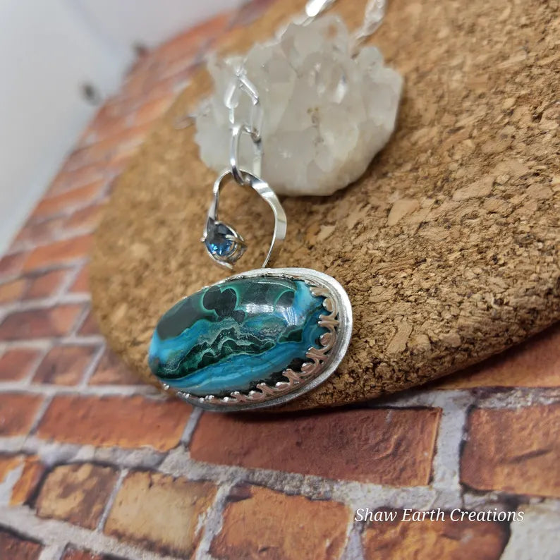Handcut 3ct Blue Topaz and Azurite Malachite Sterling Silver Necklace
