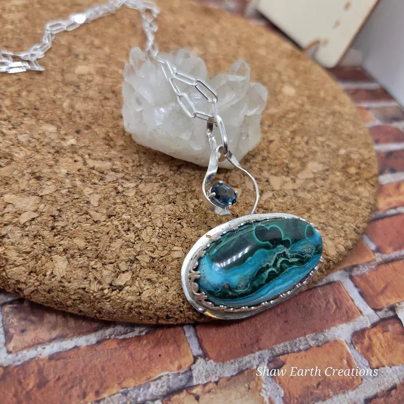 Handcut 3ct Blue Topaz and Azurite Malachite Sterling Silver Necklace