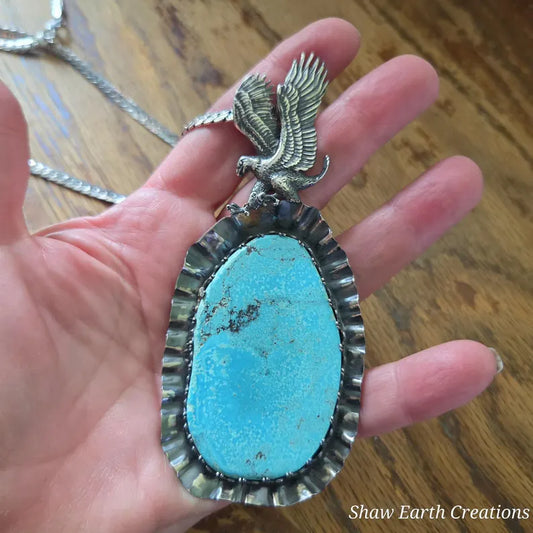Handcut 104ct Natural Waterweb Turquoise Sterling Silver Necklace