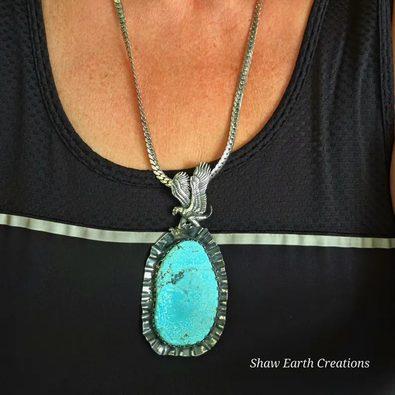Handcut 104ct Natural Waterweb Turquoise Sterling Silver Necklace