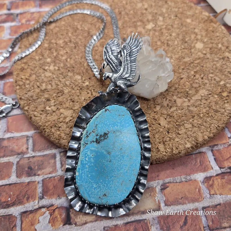Handcut 104ct Natural Waterweb Turquoise Sterling Silver Necklace