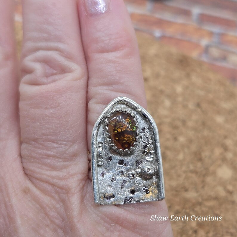 Handcut Fire Agate Fairy Door Sterling Silver Ring