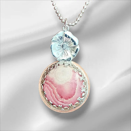 Handcut Argentinian Rhodochrosite Sterling Silver Copper Hibiscus Flower Tropical Necklace
